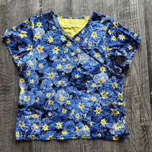 Landau scrub top XXl blue floral stretch short sleeve